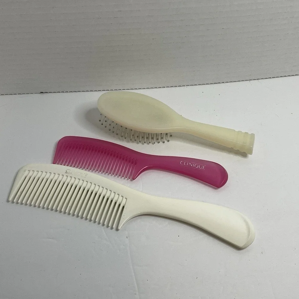 Clinique 2 Hair Combs/ 1 Brush Wide Tooth Detangling Hard Plastic White Pink VTG
